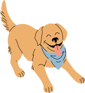 Ilustração de um golden retriever de bandana azul, animado, caminhando