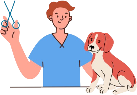 Ilustração de um groomer de uniforme azul com tesoura, ao lado de um cão sentado