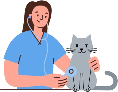 Ilustração de uma veterinária com estetoscópio ao lado de um gato cinza sentado
